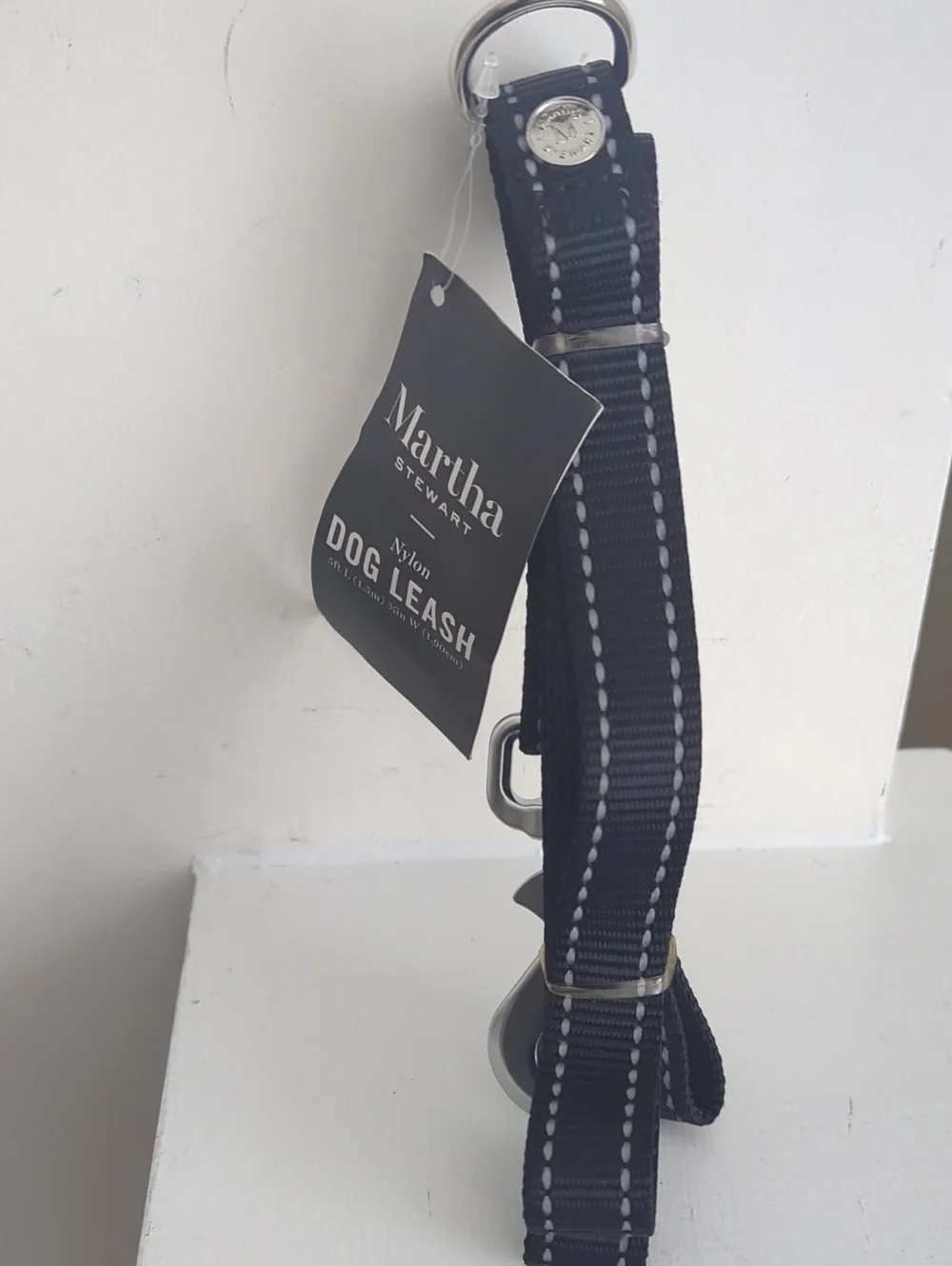 Martha Stewart Black Nylon Dog Leash with White Reflective Stitching